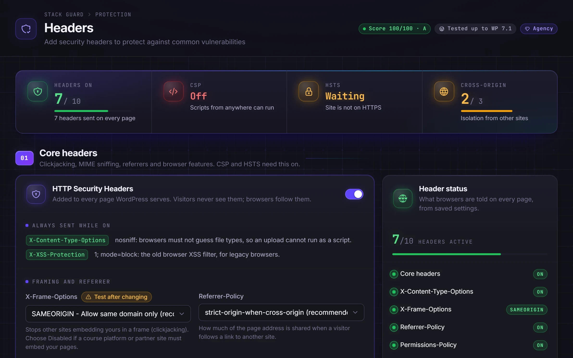 Security headers screen with core headers, Content Security Policy and HSTS