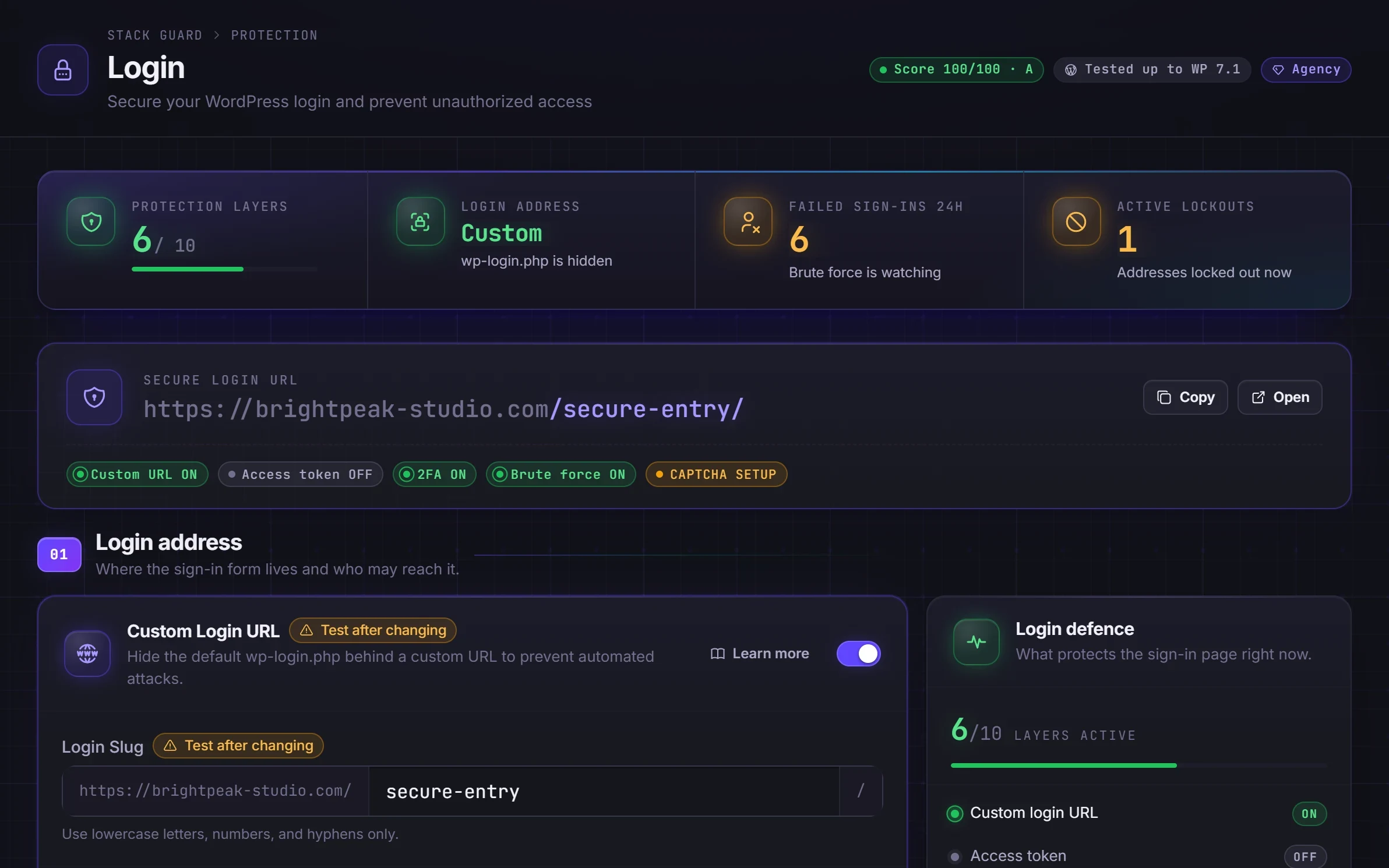 Login protection settings with a custom sign-in address, lockouts, CAPTCHA and two-factor all active