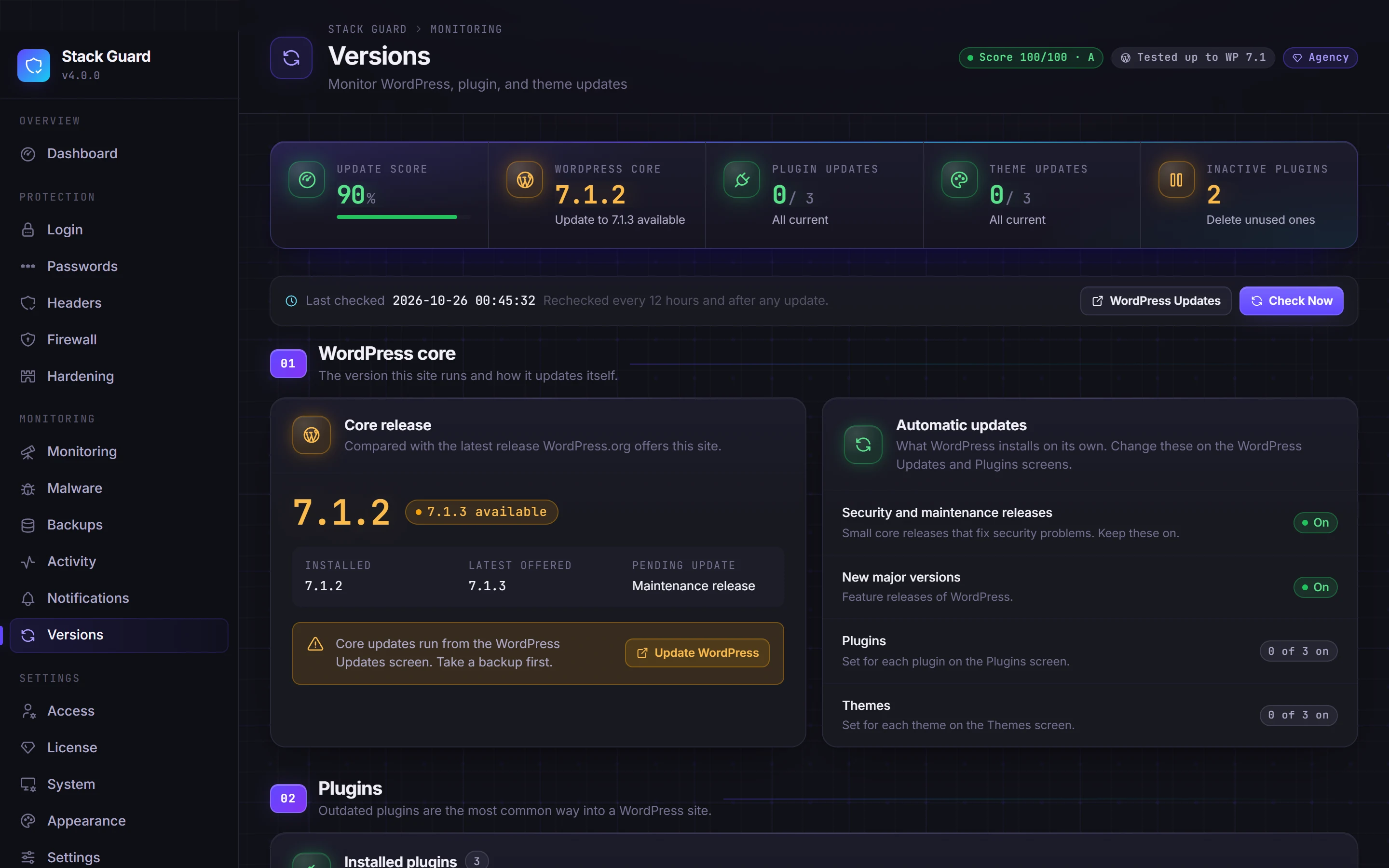 Versions screen showing WordPress core, plugin and theme update status